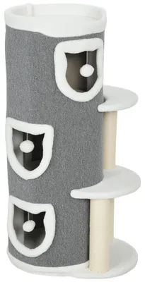 Produktbild von 101 cm Katzenturm, 3 Ebenen, 3 Schlafhöhlen, Spielbälle, Kratzpfosten, Sisal, Spanplatte, Grau