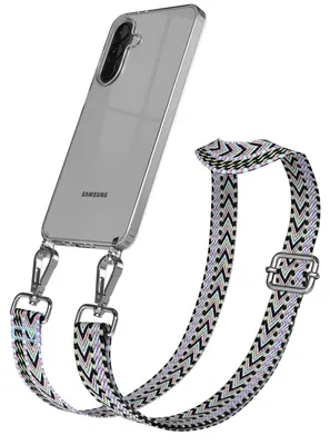 Produktbild von EAZY CASE Handykette - Verstellbarer Trageriemen kompatibel mit Samsung Galaxy A37, Handykordel mit transparenter Silikon-Hülle, Karabiner Silber, ZickZack Style, Band in Lila