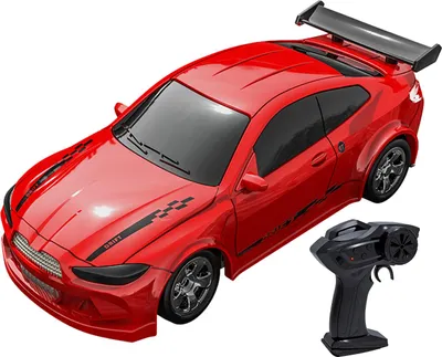 A red remote control drift car and its controller are displayed on a white background.