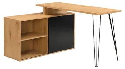 Eckschreibtisch L-Form mit Schiebetür in Eiche und Schwarz, Gesamtansicht mit offenen Fächern und Metallbeinen.