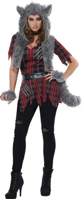 A woman is modeling a werewolf costume.