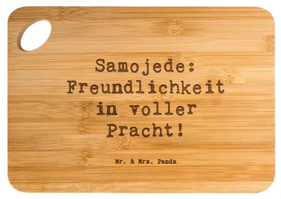 Produktbild von Mr. & Mrs. Panda Hackbrett Spruch Samojede Freundlichkeit - Transparent - Geschenk, Pflege, Frühstücksbrett, schneidbrett, Hunderasse, Hunderassen Eigenschaften, Hund