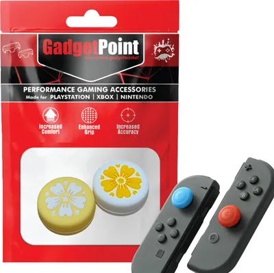 Produktbild von Thumbgrips - Thumb Grips voor Nintendo Switch Joy-Con Controllers - Gaming Thumbgrips - Performance Anti-Slip Thumbsticks - Bescherming Accessoires - Bloemetjes - Geel/Wit -