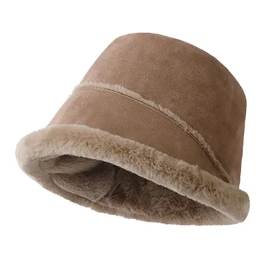 Produktbild von Gefütterte Fischerhut Pelzmütze Fleece Winter Mütze Glockenhut Elegant und Vintage Bucket Hat aus Kunstfell, Kopfumfang von 55–59 cm, Khaki