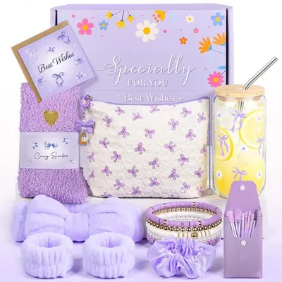 Immagine prodotto di Set regalo per bambine, scatola di compleanno color lavanda, con braccialetto, calzini, bicchiere, pochette e pennelli da trucco