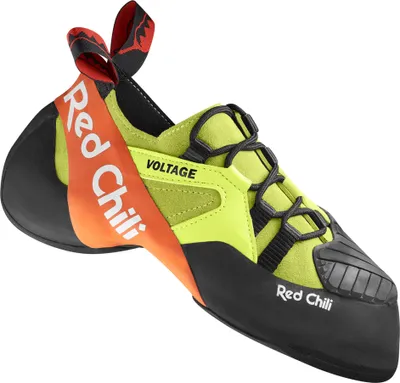 Schnür-Kletterschuh "Voltage" von Red Chili in leuchtendem Gelb und Schwarz mit rotem Branding.