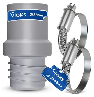 Produktbild von Ablaufschlauch Endstück 22mmØ Abflussadapter + 2x Schellen 20-32mmØ für Waschmaschine