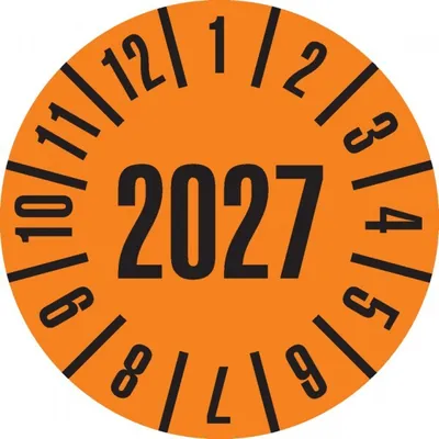Produktbild von Dreifke® Prüfplakette 2027, orange, Dokumentenfolie, selbstklebend, Ø 25mm, 5...