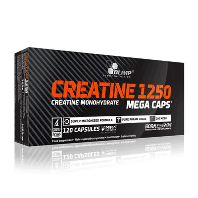 A product shot of a box of Olimp Creatine 1250 Mega Caps.