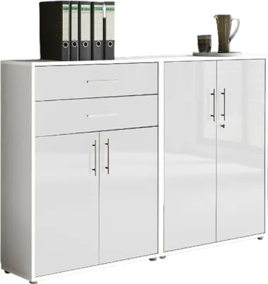 Produktbild von Aktenschrank TABOR 12 in weiß / weiß Hochglanz, Schrankwand, Büroschrank, abschließbar, Metallgriffe