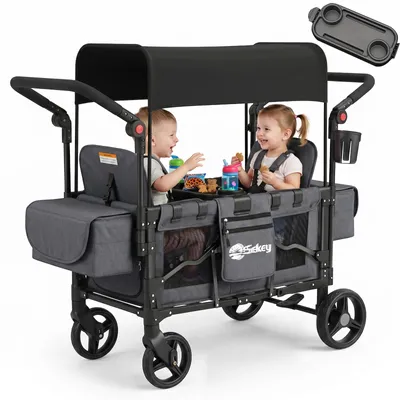 Produktbild von Sekey Bollerwagen Faltbar mit Dach Zwillingsmodus Kinderwagen Doppelsitz mit 2x 5-Punkt-Gurtsystem, Schwarz
