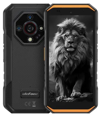A rugged smartphone is shown from the front and back, with a lion image on the screen.