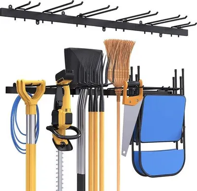 Produktbild von Unyqoos® Werkzeughalter für Garage – 111 cm Wandhalterung, 3 Schienen & 6 verstellbare Metall‑Wandhaken, schwarz, Tragkraft bis 300 lbs