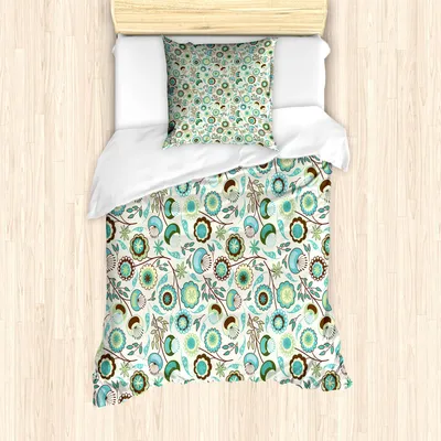 Immagine prodotto di Set copripiumino retrò ABAKUHAUS, motivi floreali primaverili dai colori pastello in stile retrò, 135 x 200 cm + 80 x 80 cm, verde menta e azzurro cielo