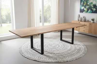 Produktbild von Esstisch mit Ansteckplatten 180(280)x90 cm Baumkante Akazie natur U-Gestell schwarz AVINO