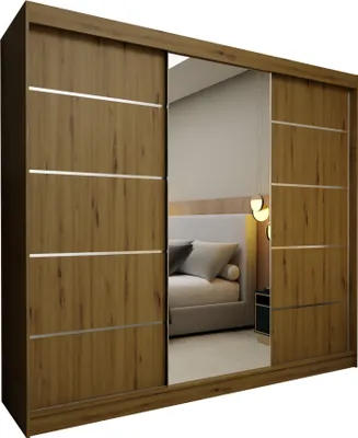 Produktbild von Masseno Schiebetürenschrank MIRELLA 240 cm Kleiderschrank Schlafzimmer Schrank 3-türig mit Spiegel Eiche Artisan