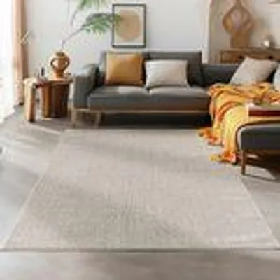 A living room scene with a sofa, rug, and side table.