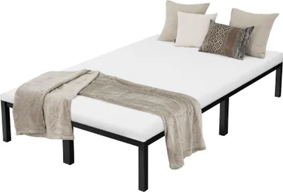 A product image showing a bed frame with a mattress and bedding.