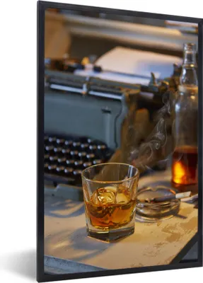 Produktbild von MuchoWow® MuchoWow® Gerahmtes Poster Schreibmaschine - Whiskey - Zigarre - Vintage 40x60 cm - Poster mit zchwarzem Bilderrahmen - Papierdruck - Wandbilder