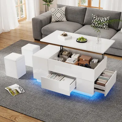 Produktbild von Couchtisch 4-in-1 höhenverstellbarer Sofatisch mit LED 2 Schubladen Hochglanztisch mit Sofa und 2 Hockern Beistelltisch mit verstecktem Stauraum