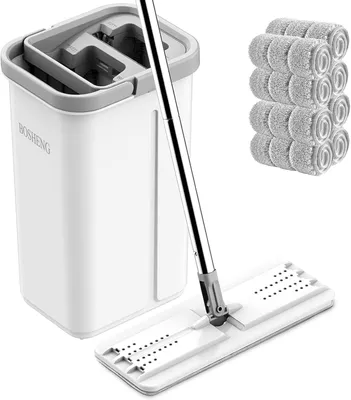 Zdjęcie produktu dla Mop płaski i wiadro z wyciskaczem, 8 nakładek, do podłóg