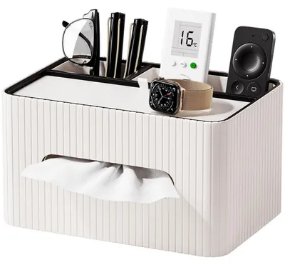 Immagine prodotto di Contenitore per fazzoletti cosmetici con ripiano, in ecopelle bianca, rettangolare, con 2 scomparti, organizer