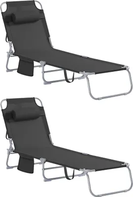 SoBuy Sonnenliege OGS35-SCHX2 2er Set: schwarze klappbare Liegestühle mit Kopfkissen und Seitentasche