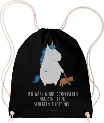 Produktbild von Mr. & Mrs. Panda Baumwolltasche Einhorn Teddy - Schwarz - Geschenk, Turnbeutel, Drawstring Bag, Gute Nacht, schlafen, wander rucksack, sporttasche klein, Einhörner, Bett