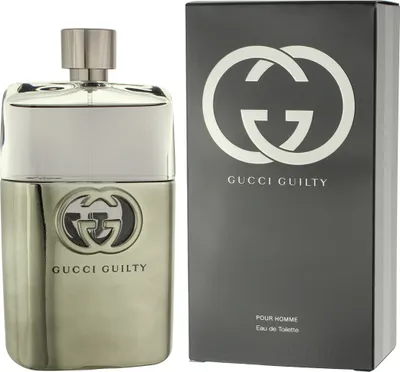 A bottle of Gucci Guilty Pour Homme Eau de Toilette and its packaging are displayed side-by-side against a white background.