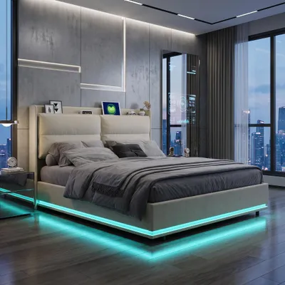 Produktbild von INONEFT Boxspringbett Polsterbett 140x200cm mit LED und USB,Hydraulisches Stauraumbett mit Bettkasten,Bettgestell mit Lattenrost/Stauraum, Samt, Beige