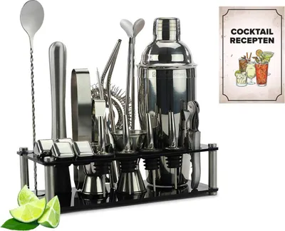 Produktbild von KitchenBrothers Cocktail Set - 24-teilig - Inkl. Cocktail Shaker (750 ml) - Komplett für Cocktailbar - Schwarz/Acryl - Cocktailset - Mit Rezeptbuch - Geschenkverpackung