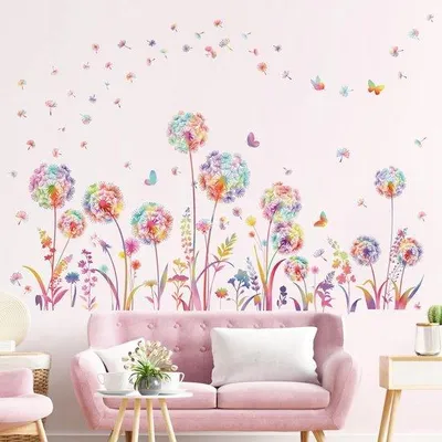 Productafbeelding van Unyqoos® Wandsticker – kleurrijk motief van paardenbloemen en vlinders, verwijderbaar en waterbestendig, 97x68 cm (2 vellen) voor woonkamers, babykamers en kinderkamers