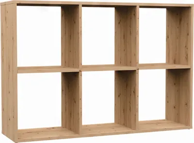 A wooden shelving unit with six open compartments.