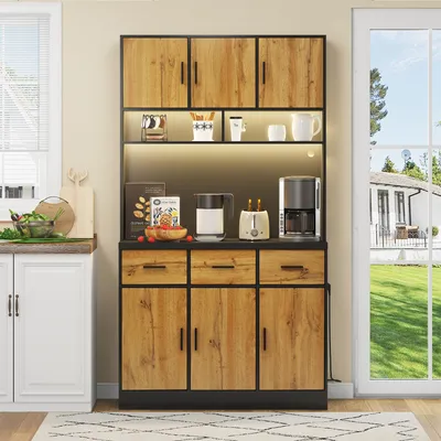 Image de OKWISH Buffet Haut Multifonction avec LED Télécommandé - Meuble de Cuisine avec Prise, Passe-Câbles, 3 Tiroirs et Étagères Réglables, Noir et Naturel