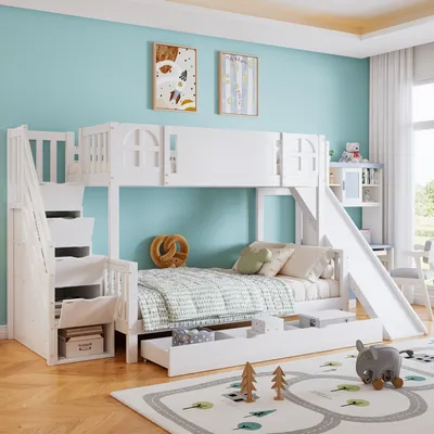 Produktbild von STILVORA Etagenbett 90/120x200 mit Schublade unter und Stauraumtreppe,Kinderbett mit Rrutsche und Fenster,Jugendbett mit Lattenrost,ohne Matratze,Weiß