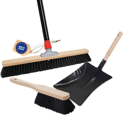 Produktbild von Novaliv Grosser Besen Saalbesen 60 cm mit Stiel Borsten Kunstborsten inkl. Kehrgarnitur schwarz bestehend aus Kehrblech und Handfeger besen fein Werkstattbesen Hallenbesen mit Stiel Industriebesen