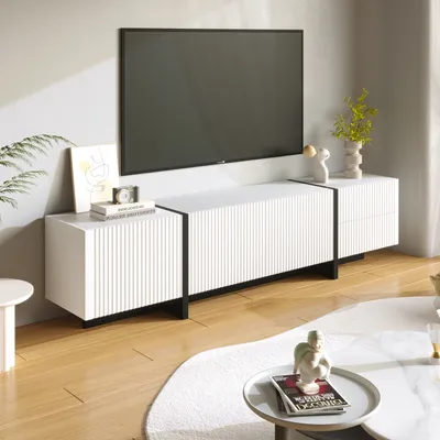 Produktbild von okwish TV-Schrank TV-Lowboard mit mit 3 Türen, 2 Schubladen, 190*35*45 cm, Fernsehtisch Wohnzimmerschränke für Wohnzimmer, Weiß&Schwarz