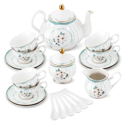Produktbild von Teeservice Bone China, 21-teilig, für 6 Personen, mit grünem Blumenmuster