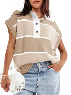 Produktbild von Damen-Strickpullover mit V-Ausschnitt,Knopfleiste,Streifenmuster und kurzen Ärmeln