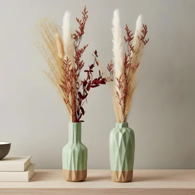 Produktbild von 2er Set Deko Vasen H15cm Grün Braun Porzellan Blumenvase Tischdeko Blumendeko Boho Design Skandi Trockenblumen Wohnaccessoires
