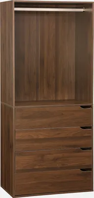 A tall, narrow wardrobe unit with a hanging rail at the top and four drawers below, all in a dark wood grain finish.