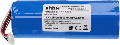 A blue battery pack with a white label containing product information.