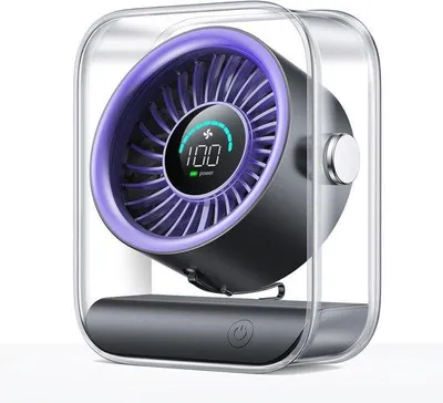 Obrázok produktu pre Elektrický ventilátor do kancelárie, 100 rýchlostí, digitálny displej, otočný o 90°, kompaktný ventilátor na batérie, vhodný do spálne, domácnosti, kancelárie a na cesty, fialový.