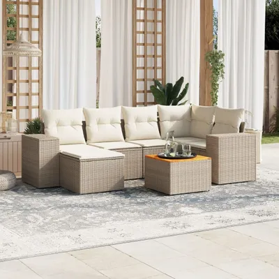 Produktbild von Design 7-tlg. Garten-Sofagarnitur mit Kissen Beige Poly Rattan, Gartenmöbel-Sets 2024 Neu