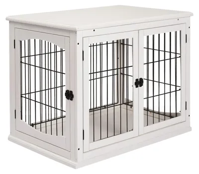 Produktbild von Hundebox MDF 2 Türen gewölbte Fenster Ablagefläche Metallgitter Möbeloptik WeiØ 58,5 x 81 x 66 cm bis 20 kg