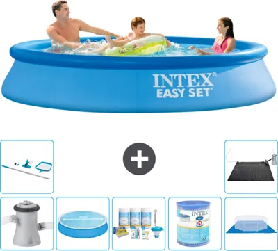 Produktbild von Intex runder aufblasbarer Easy Set-Schwimmpool – 305 x 61 cm – Blau – inklusive Pumpe Sonnensegel - Wartungspaket - Filter - Bodenplane - Reinigungskit - Solarmatte