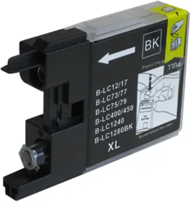 A black ink cartridge with some text and diagrams on it, isolated on a white background.