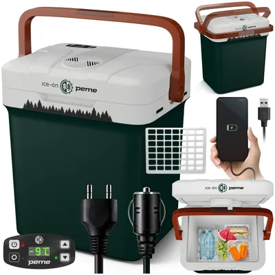 Produktbild von PEME Essential 23 Liter elektrische Kühlbox zum Kühlen und Warmhalten, 12/230V mobiler Kühlschrank, Eco-Modus, USB-Anschluss, für Camping und Auto