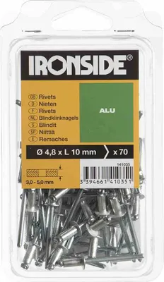 Produktbild von Ironside IR141035, Blindniete, Aluminium, Edelstahl, Edelstahl, 4,8 mm, 10 mm