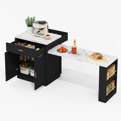 Produktbild von AIORBER Kücheninsel 211x55x89,5cm mit ausziehbarem Esstisch für 4-6 Personen, Steckdose, 2 Schubladen, Aufbewahrungsschrank und Regale, Schwarz+Weiß